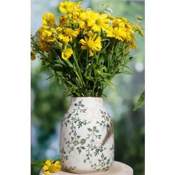 Green Ceramic Decorative Floral Vase for Flower Beige Ice Glazed Crack Farmhouse Rustic Vase for Home Decor, Living Room, Shelf, Office, Table Centerpiece 7.7 Inches with Floral Vine Pattern