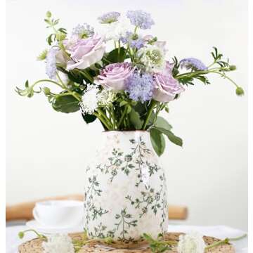 Green Ceramic Decorative Floral Vase for Flower Beige Ice Glazed Crack Farmhouse Rustic Vase for Home Decor, Living Room, Shelf, Office, Table Centerpiece 7.7 Inches with Floral Vine Pattern