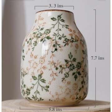 Green Ceramic Decorative Floral Vase for Flower Beige Ice Glazed Crack Farmhouse Rustic Vase for Home Decor, Living Room, Shelf, Office, Table Centerpiece 7.7 Inches with Floral Vine Pattern