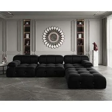 JACH 104'' Modern Sectional Sofa, L-Shaped Minimalist Velvet Floor Sofas Couches, Couch Sectional with Reversible Chaise Ottoman for Living Room Office Apartment (3 Seats,1 Ottoman, Black)