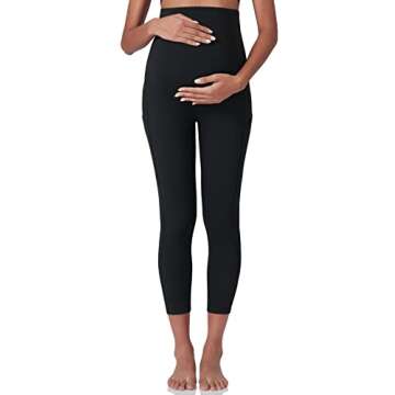 POSHDIVAH Capri Women's Maternity Workout Leggings Over The Belly Pregnancy Yoga Pants with Pockets Soft Active Wear Work Pants Black X-Large