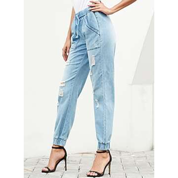 Dokotoo Women's Casual Ripped Distressed Denim Joggers Elastic Drawstring Tie High Waist Boyfriend Jeans Pants for Women Large Light Blue