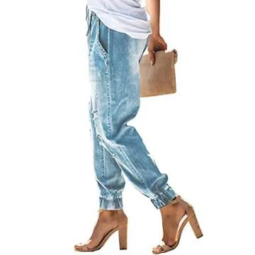 Dokotoo Women's Casual Ripped Distressed Denim Joggers Elastic Drawstring Tie High Waist Boyfriend Jeans Pants for Women Large Light Blue