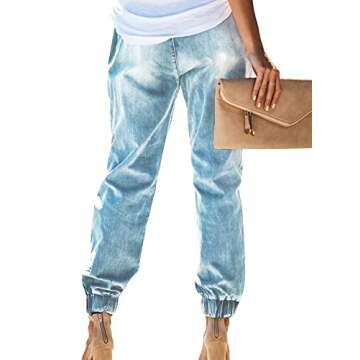 Dokotoo Women's Casual Ripped Distressed Denim Joggers Elastic Drawstring Tie High Waist Boyfriend Jeans Pants for Women Large Light Blue