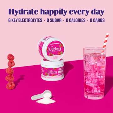 Ultima Replenisher Electrolyte Powder Drink Mix Bundle – Raspberry, 30 Servings Canister and 20 St...