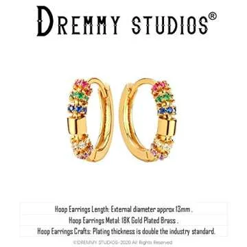 DREMMY STUDIOS Dainty Rainbow CZ Huggie Hoop Earrings for Women 14K Gold Plated Cute Simple Hoop Earrings Drop Charm Cubic Zirconia Rainbow Earrings for Her