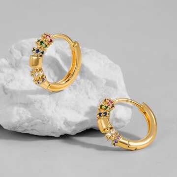 DREMMY STUDIOS Dainty Rainbow CZ Huggie Hoop Earrings for Women 14K Gold Plated Cute Simple Hoop Earrings Drop Charm Cubic Zirconia Rainbow Earrings for Her