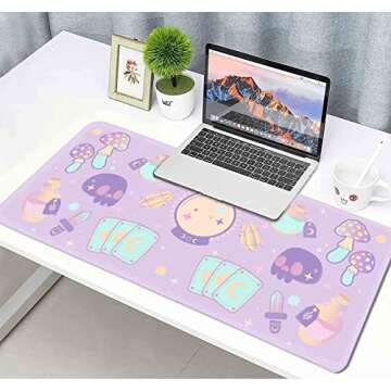 HUOCAIREN Kawaii Goth Purple Desk Mat, Cute Pink Witch Mystic Mouse Pad, Girls Gamer Desk Pad, XXL Extra Large Gaming Mat, 35.4 x 15.7 in