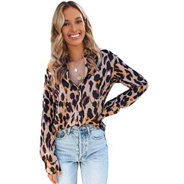 ECOWISH Long Sleeve Shirts for Women: Button Down Casual Fall Tops V Neck Polka Dot Trendy Tunic Dressy Fashion Spring Blouse 148 Khaki Medium