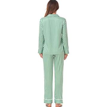 Serenedelicacy Women's Satin Pajama Set Long Sleeve Button Down Sleepwear 2-Piece Striped Silky Pj Set (Small, Green/Ivory, Stripe)