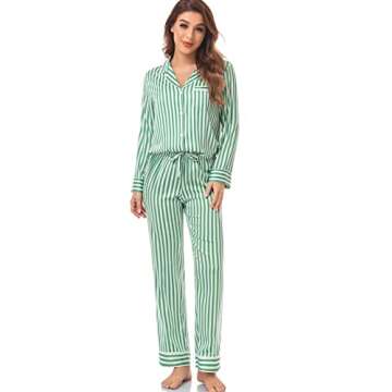 Serenedelicacy Women's Satin Pajama Set Long Sleeve Button Down Sleepwear 2-Piece Striped Silky Pj Set (Small, Green/Ivory, Stripe)