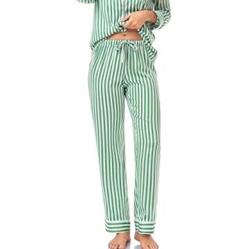 Serenedelicacy Women's Satin Pajama Set Long Sleeve Button Down Sleepwear 2-Piece Striped Silky Pj Set (Small, Green/Ivory, Stripe)