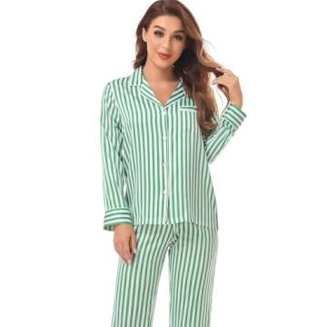 Serenedelicacy Women's Satin Pajama Set Long Sleeve Button Down Sleepwear 2-Piece Striped Silky Pj Set (Small, Green/Ivory, Stripe)