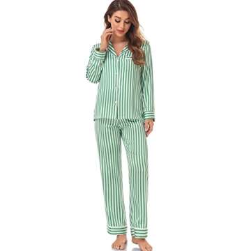 Serenedelicacy Women's Satin Pajama Set Long Sleeve Button Down Sleepwear 2-Piece Striped Silky Pj Set (Small, Green/Ivory, Stripe)