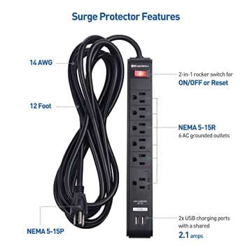 ETL Certified Cable Matters 2-Pack 6-Outlet Power Strip with USB, 12ft Extension