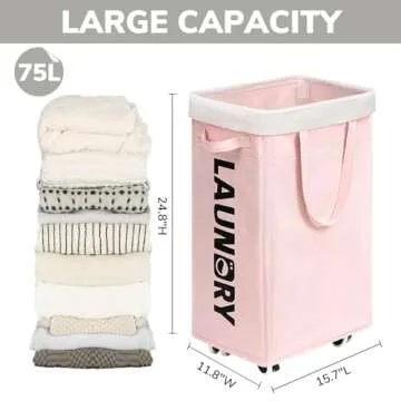 Goodpick Pink Laundry Baskets with Wheels 2-Pack, 75L Rolling Laundry Basket with Removable Wash Bags, Large Laundry Hamper for Corner Dorm, Collapsible Laundry Basket on Wheels
