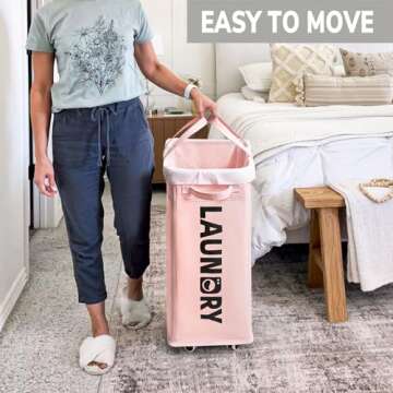 Goodpick Pink Laundry Baskets with Wheels 2-Pack, 75L Rolling Laundry Basket with Removable Wash Bags, Large Laundry Hamper for Corner Dorm, Collapsible Laundry Basket on Wheels