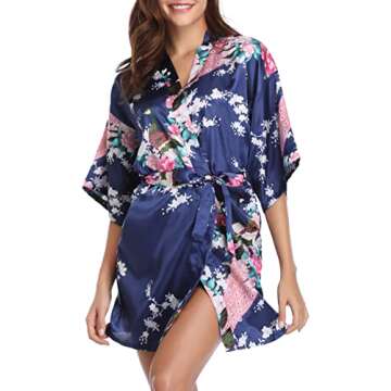Vlazom Women's Kimono Robes Silk Floral Bathrobe Short Bridal Wedding Party Robe