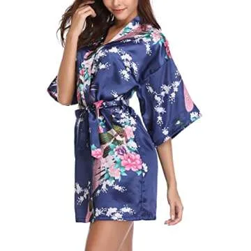 Vlazom Women's Kimono Robes Silk Floral Bathrobe Short Bridal Wedding Party Robe