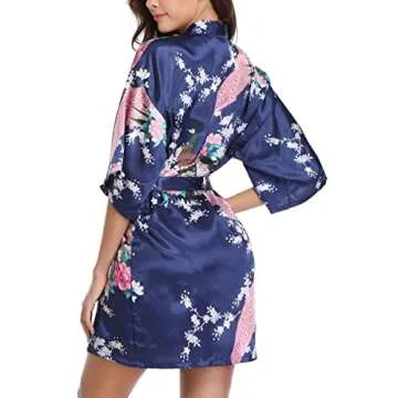 Vlazom Women's Kimono Robes Silk Floral Bathrobe Short Bridal Wedding Party Robe