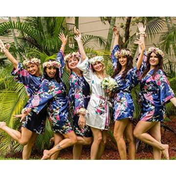 Vlazom Women's Kimono Robes Silk Floral Bathrobe Short Bridal Wedding Party Robe