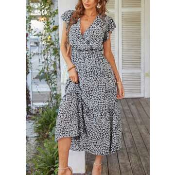 PRETTYGARDEN Women's 2024 Floral Boho Dress Wrap V Neck Short Sleeve Belted Ruffle Hem A-Line Flowy ...