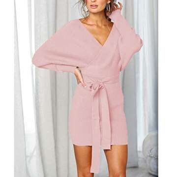 Mansy Women's Sexy Cocktail Batwing Long Sleeve Backless Mock Wrap Knit Sweater Mini Dress (XL, Pink)