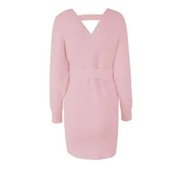Mansy Women's Sexy Cocktail Batwing Long Sleeve Backless Mock Wrap Knit Sweater Mini Dress (XL, Pink)