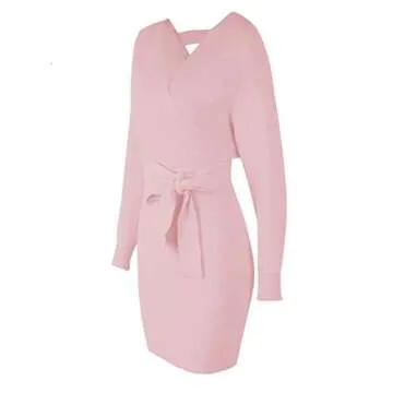 Mansy Women's Sexy Cocktail Batwing Long Sleeve Backless Mock Wrap Knit Sweater Mini Dress (XL, Pink)
