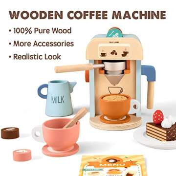 Tiny Land Kids Coffee Maker Wooden Kitchen Toys - 17Pcs Toy Coffee Maker Playset - Wooden Play Toys,...