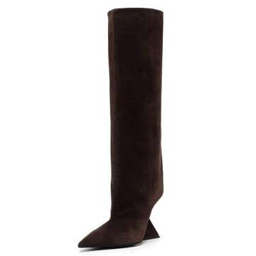 Kluolandi Womens Knee High Boots Sexy Pointed Toe Pull On Strange Wedge Heel Tall Boots for Women Br...