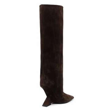 Kluolandi Womens Knee High Boots Sexy Pointed Toe Pull On Strange Wedge Heel Tall Boots for Women Brown Size 5