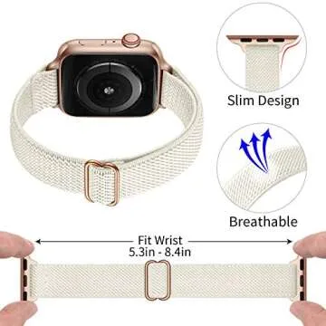 SICCIDEN Slim Stretchy Bands Compatible with Apple Watch Band 42mm 41mm 40mm 38mm, Women Elastics Nylon Thin Strap for iWatch SE2 SE Series 10 9 8 7 6 5 4 3 2 1 (Ivory White/Rose Gold)