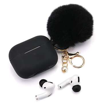 Protective Case Cover for Airpods Pro Charging Case with Ear Tips 1 Pair Kit, Air Pods Silicone Case with Soft Cute Ball Pom Pom Keychain Kit Together with Ear Buds Tips 2&1 (X, Black)