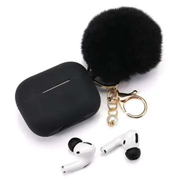Protective Case Cover for Airpods Pro Charging Case with Ear Tips 1 Pair Kit, Air Pods Silicone Case with Soft Cute Ball Pom Pom Keychain Kit Together with Ear Buds Tips 2&1 (X, Black)