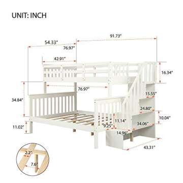 SOFTSEA Twin Over Full Bunk Bed with Shelves and Staircase, Solid Wood Bunk Bed Frame with Drawers, ...