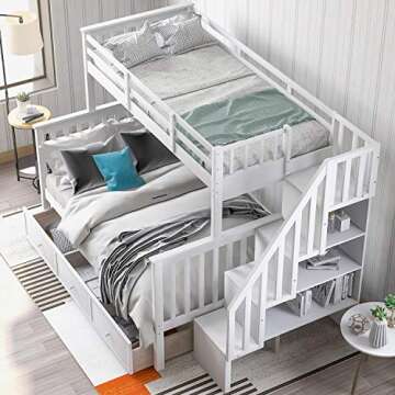 SOFTSEA Twin Over Full Bunk Bed with Shelves and Staircase, Solid Wood Bunk Bed Frame with Drawers, Bunk Bed with Guard Rail for Kids, Can Be Converted into 2 Beds, No Box Spring Needed (White)