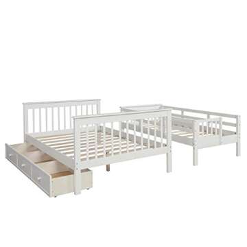 SOFTSEA Twin Over Full Bunk Bed with Shelves and Staircase, Solid Wood Bunk Bed Frame with Drawers, Bunk Bed with Guard Rail for Kids, Can Be Converted into 2 Beds, No Box Spring Needed (White)