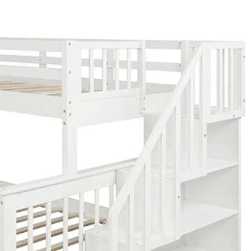SOFTSEA Twin Over Full Bunk Bed with Shelves and Staircase, Solid Wood Bunk Bed Frame with Drawers, Bunk Bed with Guard Rail for Kids, Can Be Converted into 2 Beds, No Box Spring Needed (White)
