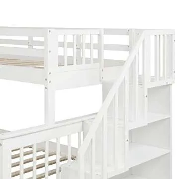 SOFTSEA Twin Over Full Bunk Bed with Shelves and Staircase, Solid Wood Bunk Bed Frame with Drawers, Bunk Bed with Guard Rail for Kids, Can Be Converted into 2 Beds, No Box Spring Needed (White)