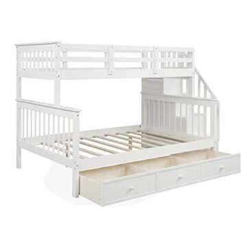 SOFTSEA Twin Over Full Bunk Bed with Shelves and Staircase, Solid Wood Bunk Bed Frame with Drawers, Bunk Bed with Guard Rail for Kids, Can Be Converted into 2 Beds, No Box Spring Needed (White)