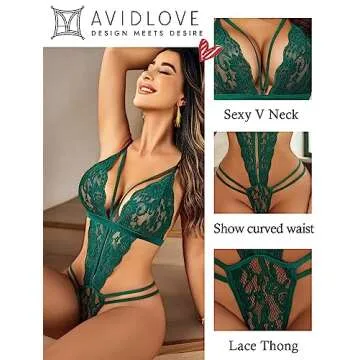 Avidlove Women Lingerie Lace Bodysuit Deep V Teddy One Piece Lace Babydoll Dark Green Medium