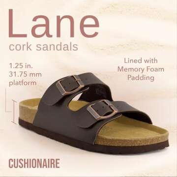 CUSHIONAIRE Lane Cork Footbed Sandals for Women – Comfortable Double Buckle Slip-On with Genuine S...