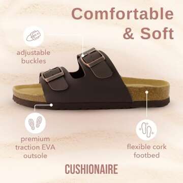 CUSHIONAIRE Lane Cork Footbed Sandals for Women – Comfortable Double Buckle Slip-On with Genuine Suede Footbed & Arch Support Slides for Women Footwear, BROWN 7.5