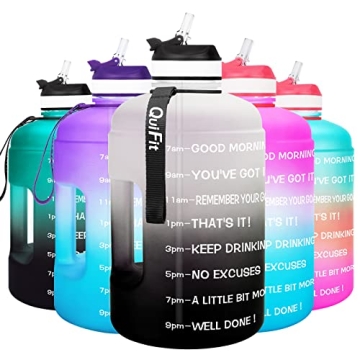 QuiFit Motivational Gallon Water Bottle - with Straw & Time Marker BPA Free Large Reusable Sport Wat...