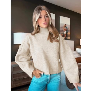 Ailoqing Womens Casual Fleece Sweatshirts Turtleneck Reverse Seam Pullover Crop Tops Fall Winter Fuzzy Wool Coat(Beige-S)