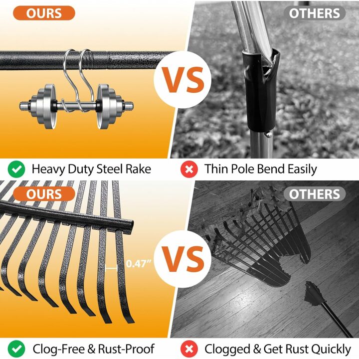 Rake, Gardening Rakes for Leaves Lawns Heavy Duty, 79 in Leaf Rake with 25 Clog-Free Tines, 18.5” Wide Large Rake Head, Metal Garden Tools for Yard Quick Cleanup Garss, Debris, Detachable for Camping