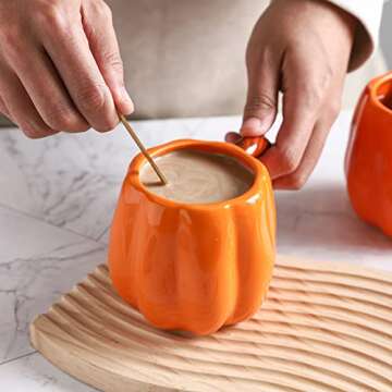 Yeexoxow Small Pumpkin Mugs 14 Oz, Cute Pumpkin Shaped Mug Set of 2, Ceramic Pumpkin Cups for Coffee and Tea, Fall Pumpkin Gift for Women and Men (Orange)