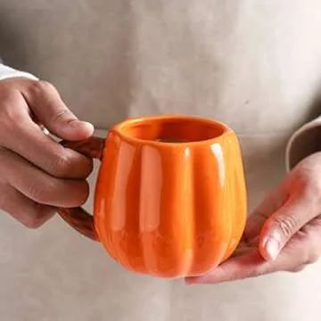 Yeexoxow Small Pumpkin Mugs 14 Oz, Cute Pumpkin Shaped Mug Set of 2, Ceramic Pumpkin Cups for Coffee and Tea, Fall Pumpkin Gift for Women and Men (Orange)