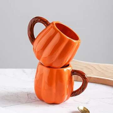 Yeexoxow Small Pumpkin Mugs 14 Oz, Cute Pumpkin Shaped Mug Set of 2, Ceramic Pumpkin Cups for Coffee and Tea, Fall Pumpkin Gift for Women and Men (Orange)